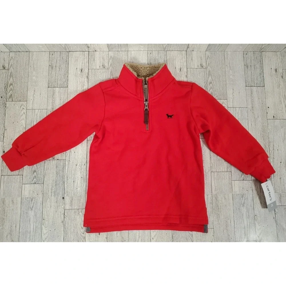 Carter's Boys Sweatshirt 2T Toddler Red Pullover Quarter Zip Faux Fur Collar NEW